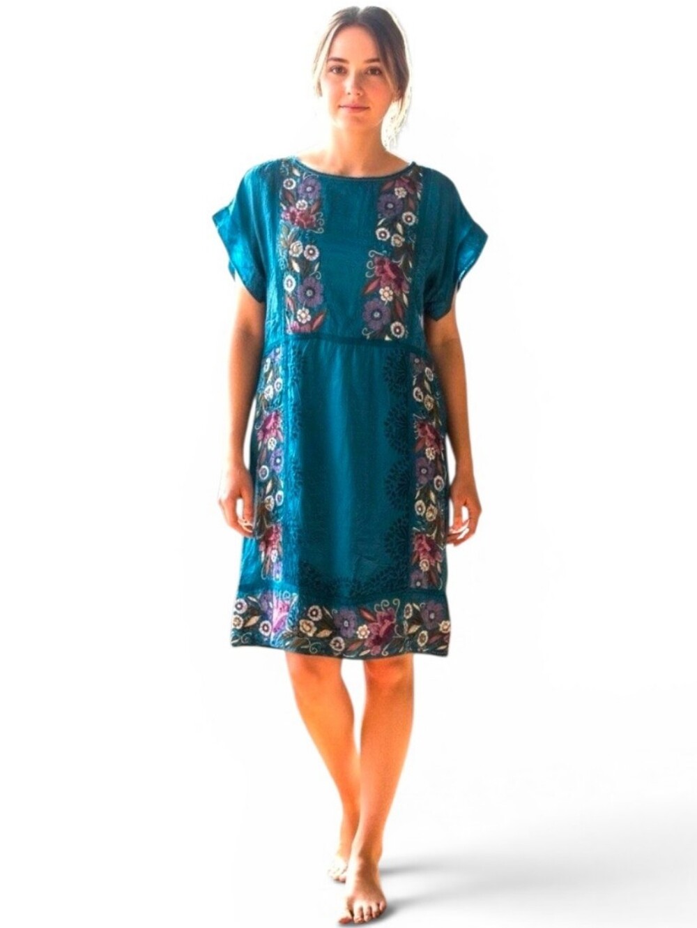 SUNDANCE Malika Crinkle Embroidered Cupro Dress - XL